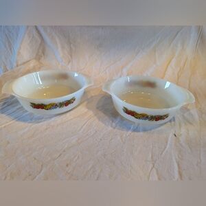 2/30$ Set Fire King Anchor Hocking White Milk Glass Fruit Pattern Casserole Dish